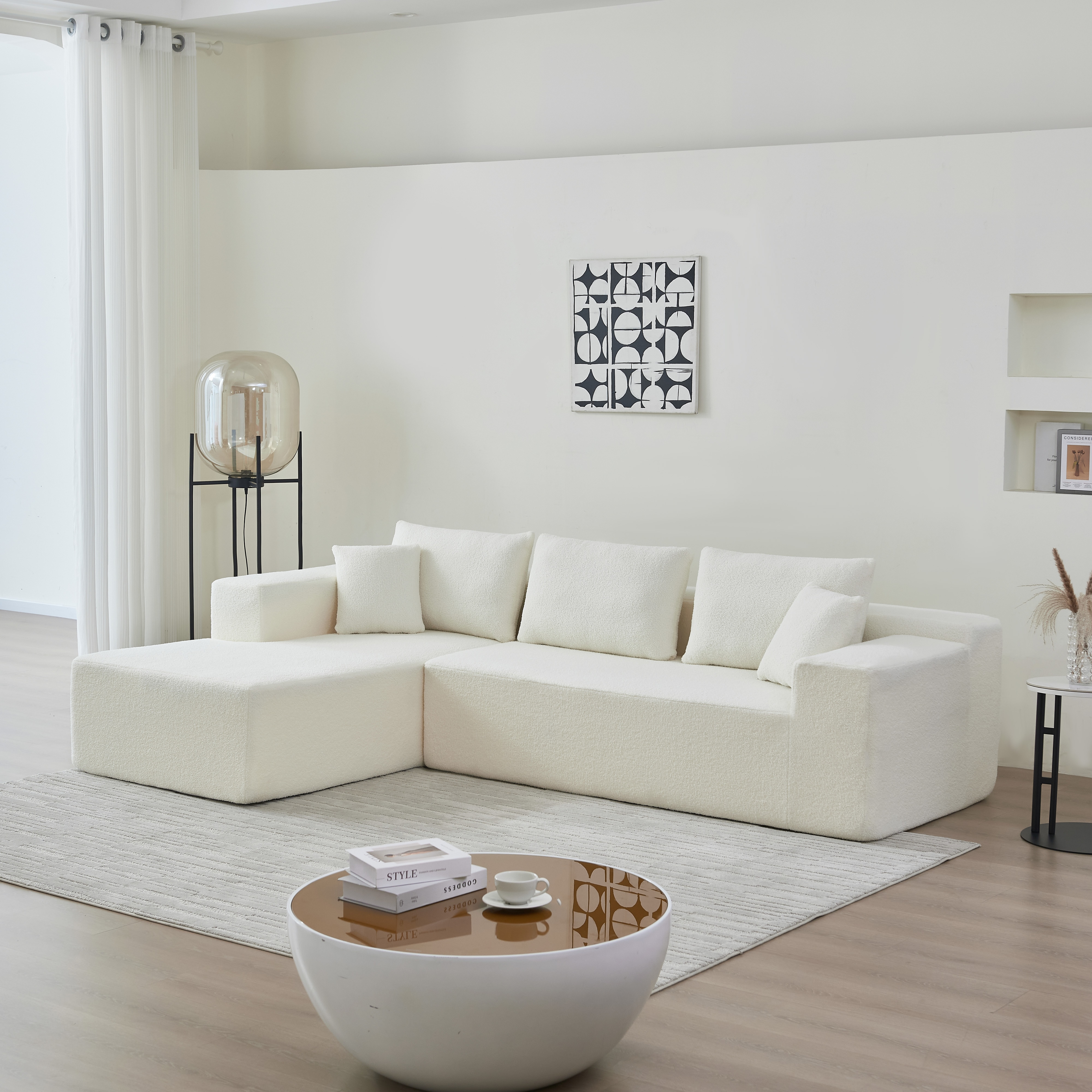 104.33" Sponge Sectional Sofa Couch for Living Room, L Shaped Modern Lamb Modular High Density Sponge Floor Sofa, Sherpa Fabric Sofa Couch with Chaise Lounge & Pillows, Upholstered Corner Cloud Couch 